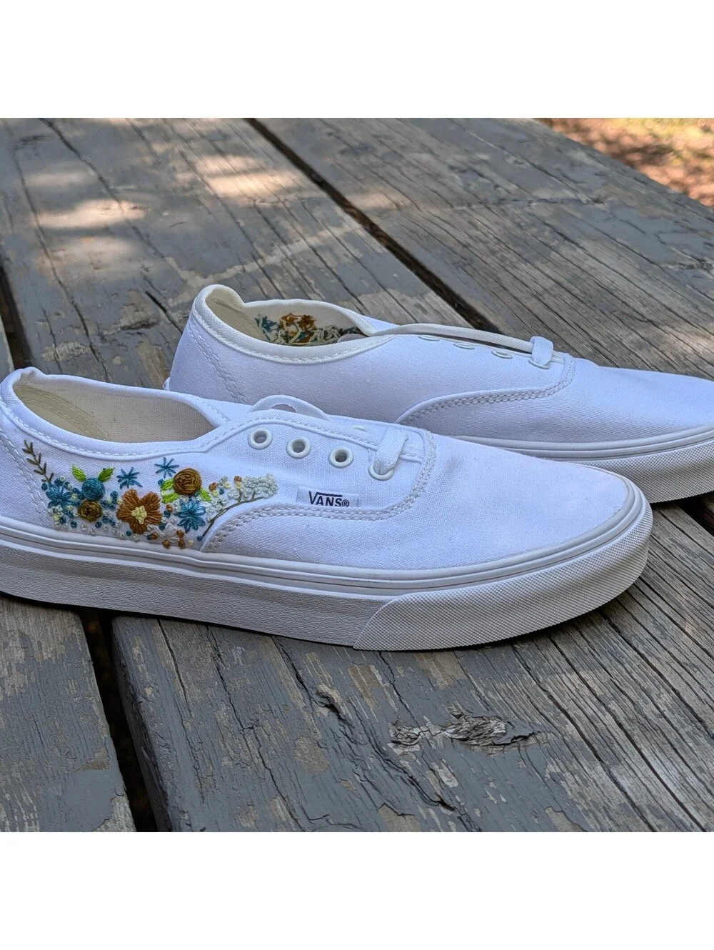 Brand New Custom Embroidered Vans Authentic White Floral Cottagecore Womens 7